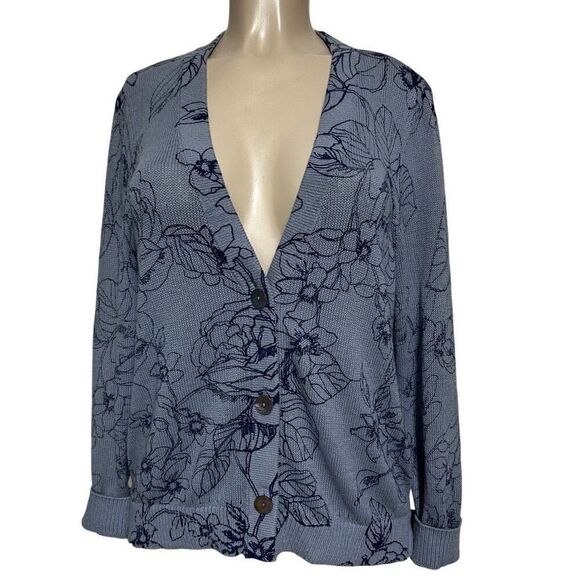 Chico's Sweaters - Chico's Cardigan Sweater Women's Size 1/M Blue Button Front Floral Linen Blend